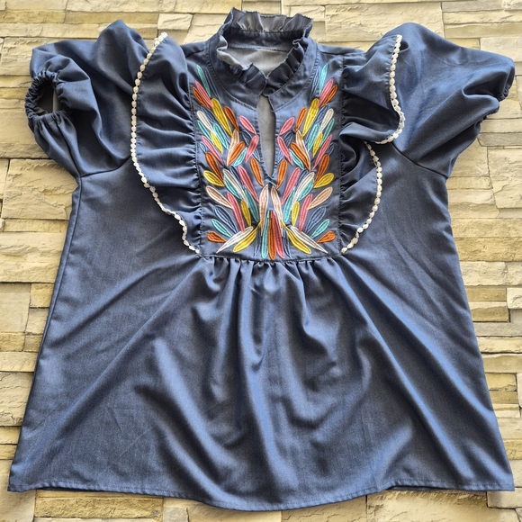 Fashion Blouse Size XL Denim Embroidered Boho Peasant Puff Sleeves Cottagecore - Picture 7 of 9
